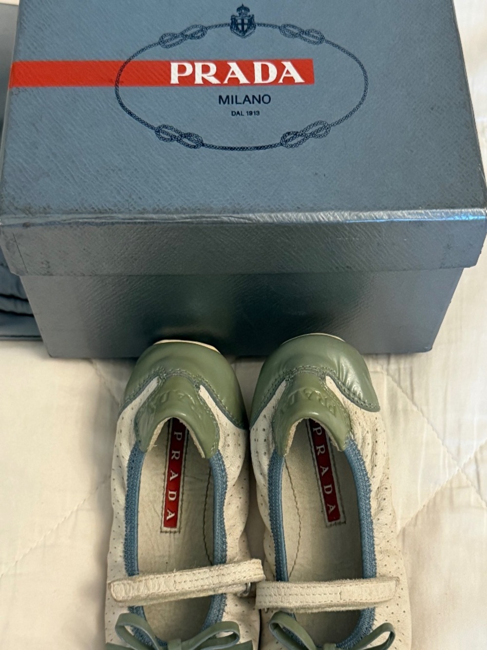 Prada toddler size 7 light blue/grey and cream Maryjane ballerina flats